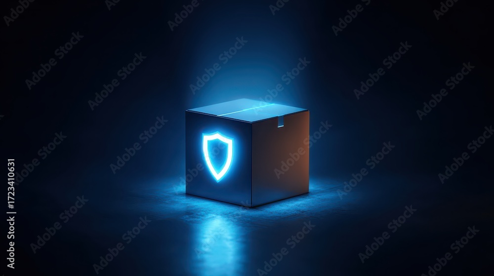 Poster a glowing protective cube with a shield emblem, representing security and innovation in a digital wo