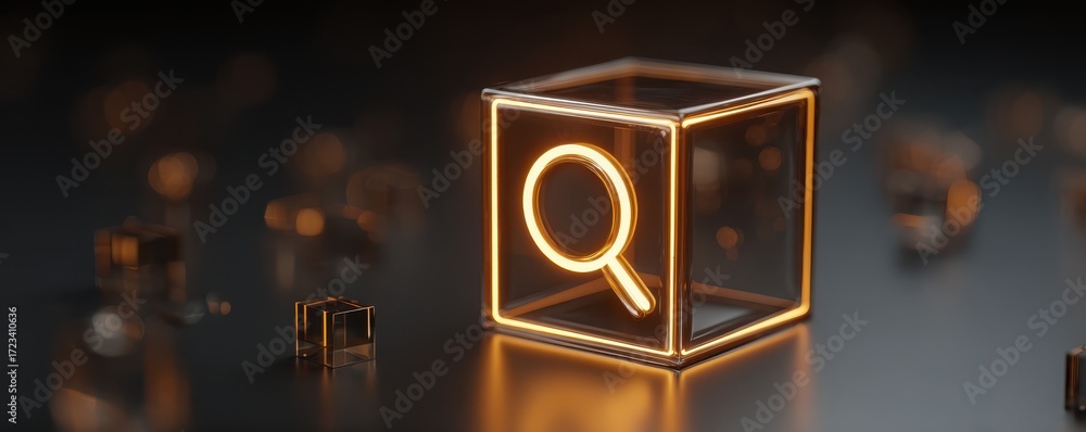 Poster a glowing search icon enclosed in a cube representing digital exploration and innovation in technolo