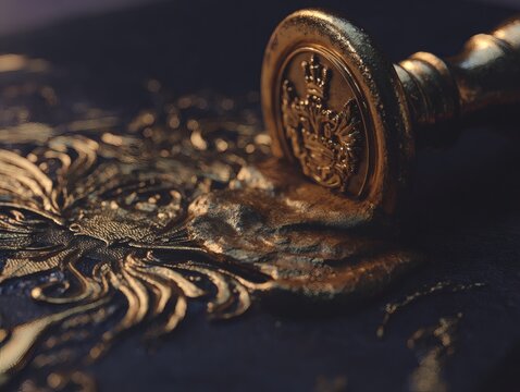 heraldry. A prestigious gold seal stands out against a dark textured backdrop, radiating ceremonial elegance. event programs.