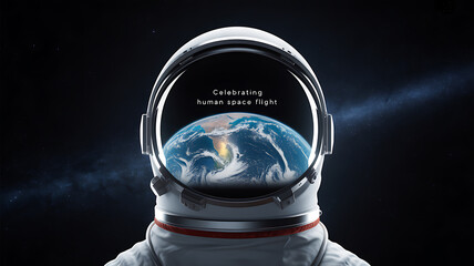 Astronaut in space suit with Earth visible through helmet visor, celebrating human space flight