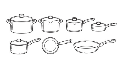 Hand drawn kitchen pots and pans collection culinary cooking utensils set isolated outline sketch silhouette