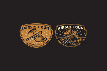 Paintball gun retro badge logo design set for extreme sport. Airsoft marker tactical vintage emblem logo graphic collection. Blaster sport, Tactical shooter, Game rifle. Vector illustration