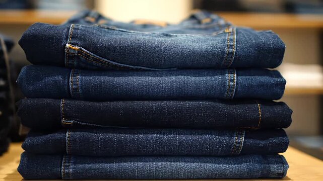 Close up of a pile of neatly folded blue denim jeans sitting on a rustic wooden shelf. A collection of different shades of indigo pants are showcased at a retail store for purchase