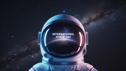 Astronaut in space suit with 'International Space Day' text on helmet visor against starry cosmic background