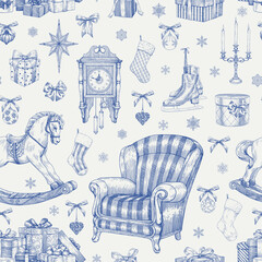 Toile Christmas seamless pattern gift boxes rocking horse clock star toys bows snowflakes skates armchair. Vintage vector background for design package, wrapping paper. Blue beige Hand drawn engraved
