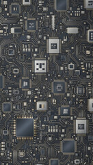 Detailed Close Up View of a Complex Electronic Circuit Board Assembly With Microchips and Traces