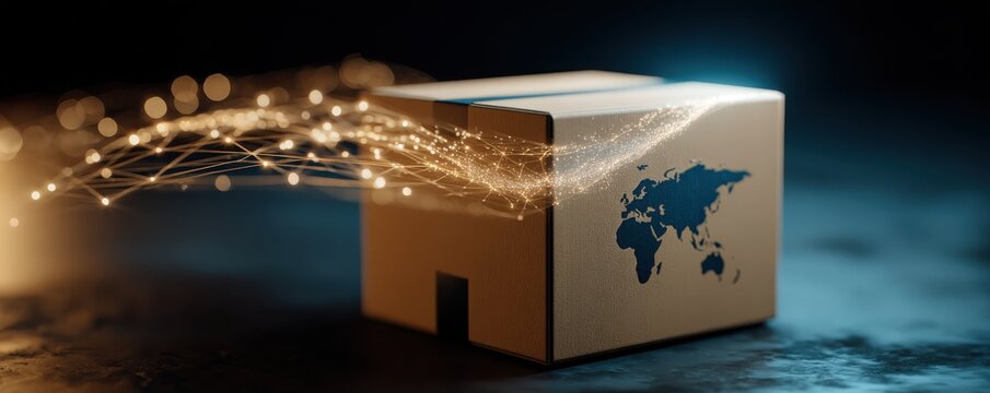 A shipping box with a world map design, symbolizing global logistics and e-commerce in a digital era.
