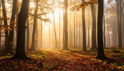 Morning light filters through trees in a serene forest during autumn