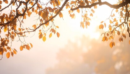 Autumn leaves glow in warm sunlight during a serene morning at a peaceful park