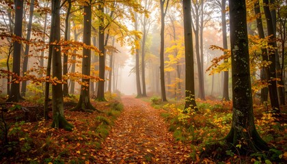 Autumn forest path enveloped in mist capturing vibrant foliage and serene atmosphere