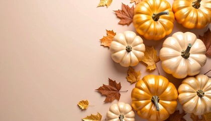 Harvest display of orange and white pumpkins arranged with autumn leaves on a soft background in a seasonal decor setting