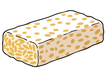 Illustration of a tempeh block with a playful 'Soy Pride' title. Clean, graphic style on a bright yellow background. Suitable for food, culture, and lifestyle themes.