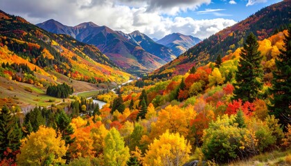 Autumn colors blanket a valley with mountains in the background under a bright blue sky