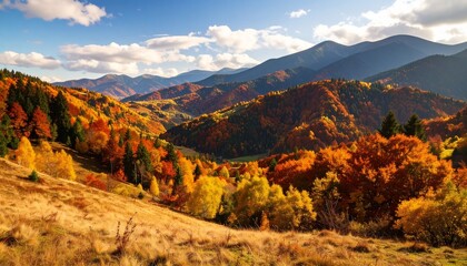 Vibrant autumn landscape showcases colorful foliage in tranquil valley surrounded by mountains in late afternoon light