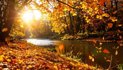 Vibrant autumn leaves fall by a shimmering river at sunset in a peaceful natural setting
