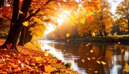 Autumn leaves fall gently along a serene riverbank in a vibrant forest setting during golden hour