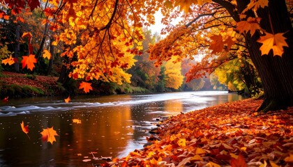 Vibrant autumn colors surround a calm river under a bright sky in a serene natural setting