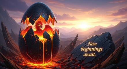 Phoenix hatching from lava egg at sunrise symbolizing new beginnings and powerful rebirth