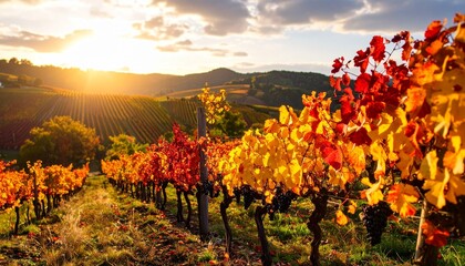Vibrant vineyard at sunset with golden and red leaves showcasing autumn beauty