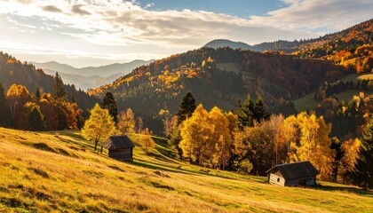Autumn landscape with wooden cabins in a colorful valley at sunset near the mountains