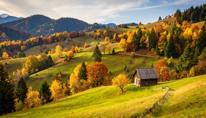 Vibrant autumn landscape with a rustic cabin surrounded by colorful trees in the countryside