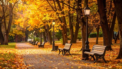 Autumn park pathway surrounded by vibrant trees and benches under golden leaves in a serene setting