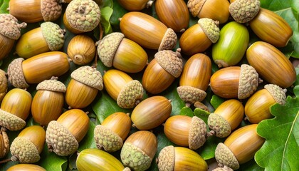 Acorns gathered on green oak leaves in a natural setting during autumn showcasing rich colors and textures