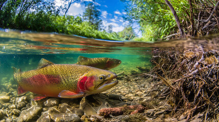 trout. Underwater scene of a trout swimming in a clear river, showcasing aquatic tranquility and wildlife. wildlife magazines, conservation campaigns, designed for nature documentaries and education.