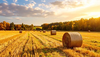 Golden fields of harvested crops under a sunset in rural landscape