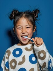 Fillette souriante se brossant les dents avec un pull à motifs