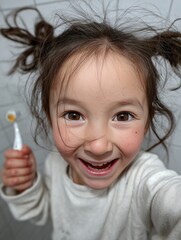 Petite fille souriante aux cheveux en bataille tenant une brosse à dents