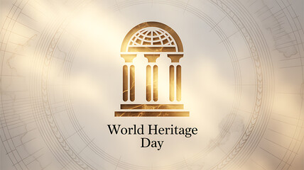 World Heritage Day logo featuring a classical architectural emblem with columns and a dome, set against a radiant background.