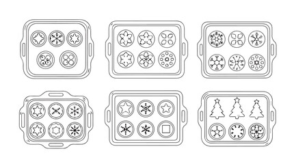 Collection of hand drawn baking trays filled with various delicious cookies and pastries in outline style silhouette