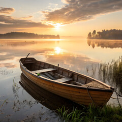 Obraz premium A wooden rowboat rests on a calm lake at sunrise, evoking peace, reflection
