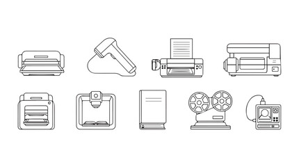 Collection of office equipment icons linear style sketchy hand drawn line art for business and technology silhouette