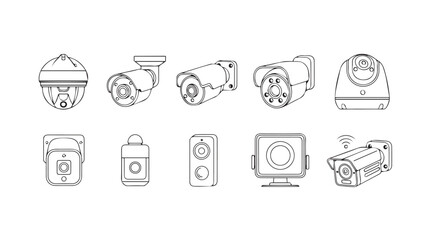 Collection of diverse security camera icons and illustrations for surveillance systems silhouette