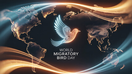 World Migratory Bird Day graphic featuring a stylized bird in flight over a glowing globe with dynamic light trails.