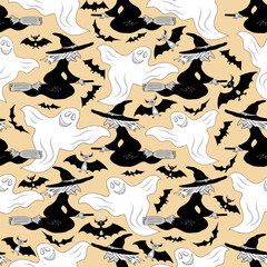 Witches on brooms, ghosts and bats. Halloween seamless pattern on yellow background, vector illustration.