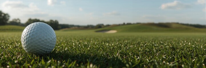 Obraz premium Golf ball rests on pristine green grass on a sunny day, ready for the perfect swing on a beautiful course.