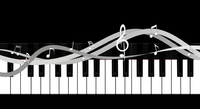 Piano keyboard with black and white keys and musical notes flowing above in a wave like pattern