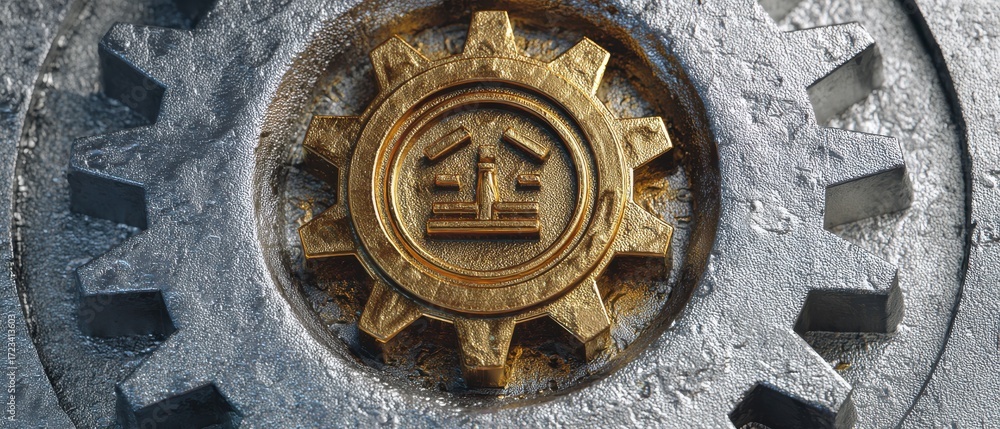 Poster close-up view of a metallic gear with an intricate design, representing industrial mechanics and eng