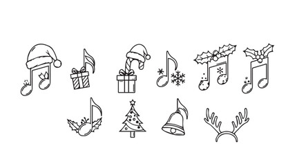 Hand drawn festive christmas music notes and symbols set doodle art collection silhouette