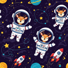 Cute cartoon deer astronauts exploring space with rockets stars and planets Whimsical pattern