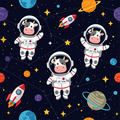 Smiling astronaut cows explore space with planets and rockets Fun cosmic adventure for kids