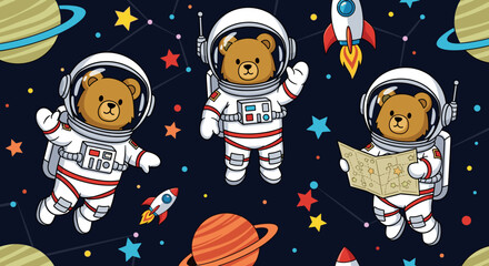 Cute teddy bear astronauts explore space with rockets and planets inspiring childhood dreams