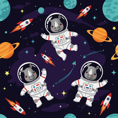 Cute cartoon rhino astronauts exploring space with rockets planets and stars Fun illustration