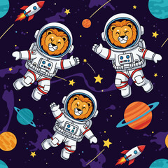 Happy lion astronauts explore space with planets and rockets Childhood adventure