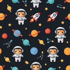 Cute cartoon astronauts rockets and colorful planets in a fun space seamless pattern