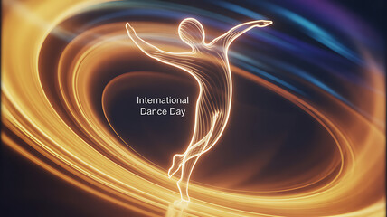 Abstract silhouette of a dancer in motion celebrating International Dance Day with swirling golden light trails.