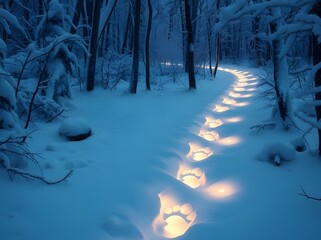Footprints in the snowy wood: A close-up of bear footprints in the fresh snow, suggesting the direction of a path, leading into a wintery wilderness, evokes mystery and adventure in the frozen forest.